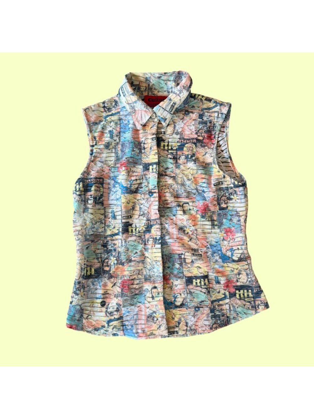 Culture by Krazy Larry Button Down Semi Sheer Sleeveless Pop Art Top S